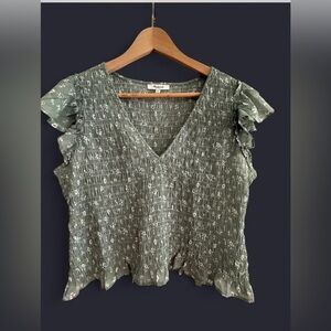 Madewell Green Smocked Flutter Sleeve Blouse